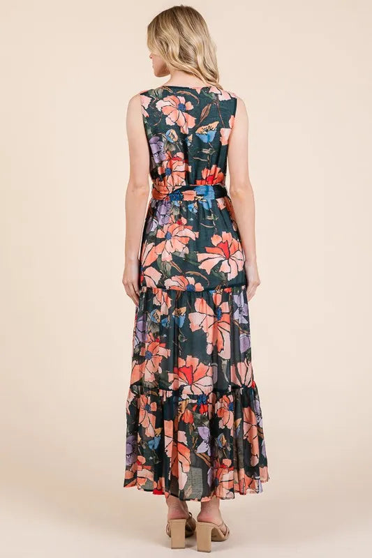 Lime 'N' Chili Floral Print Sleeveless Tie Waist Maxi Dress in Mutli