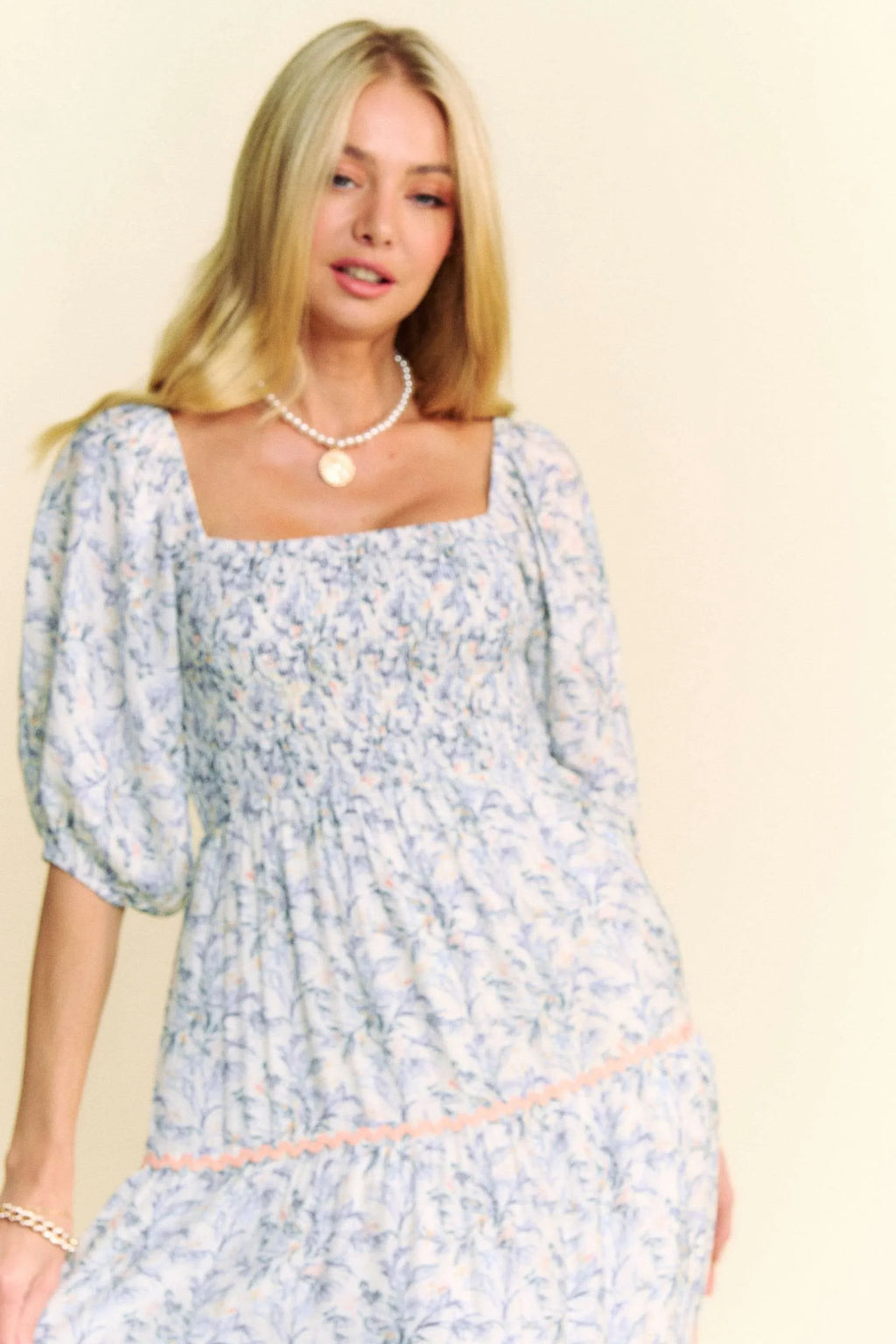 Davi & Dani Contrast Ric Smocking Bodice Tiered Midi Dress