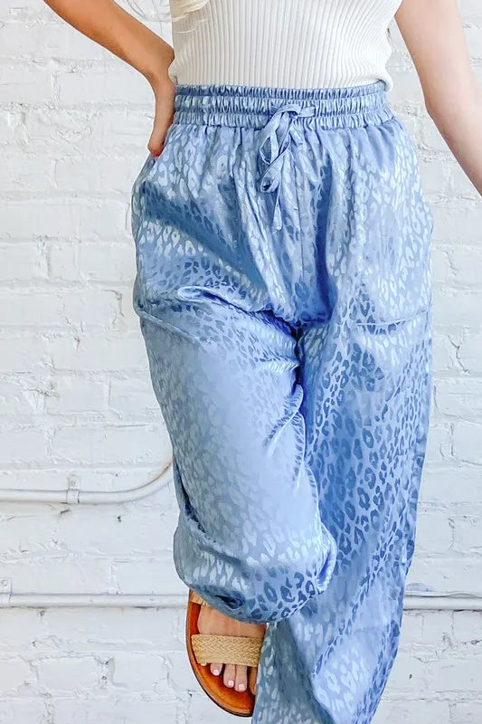 And The Why Satin Leopard Print Joggers in Blue