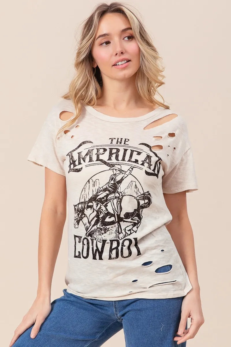 BiBi Cotton Slub Laser Top American Cow Boy Graphic in Taupe