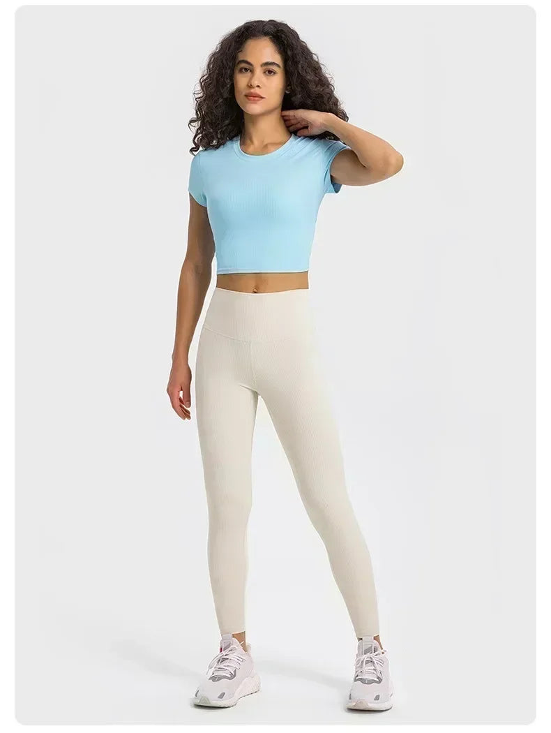 Lemon Women Crew Neck Ribbed Crop Tops Short Sleeve Strong Stretch Yoga Shirts Summer Slim Gym Clothing for Street Girls