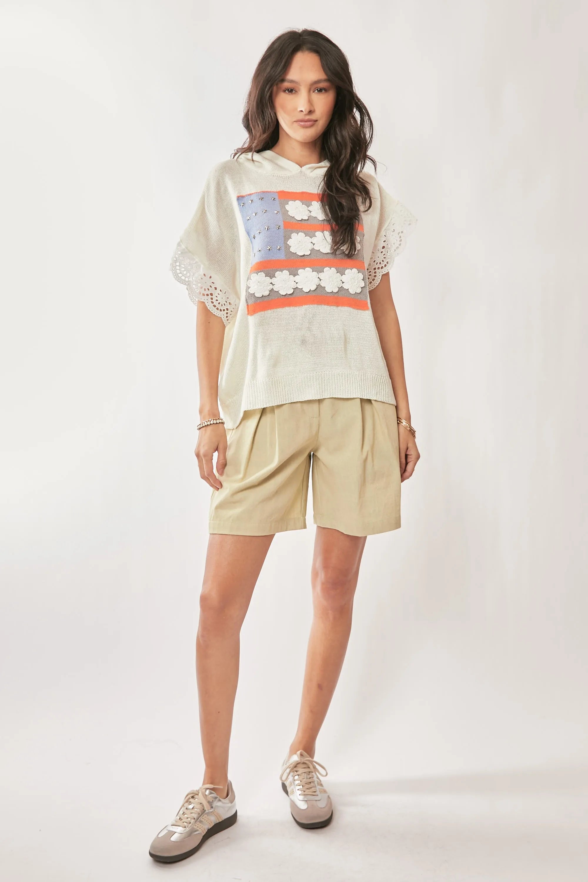 Davi & Dani American Flag Loose Fit Lace Sleeve Hoodie Top