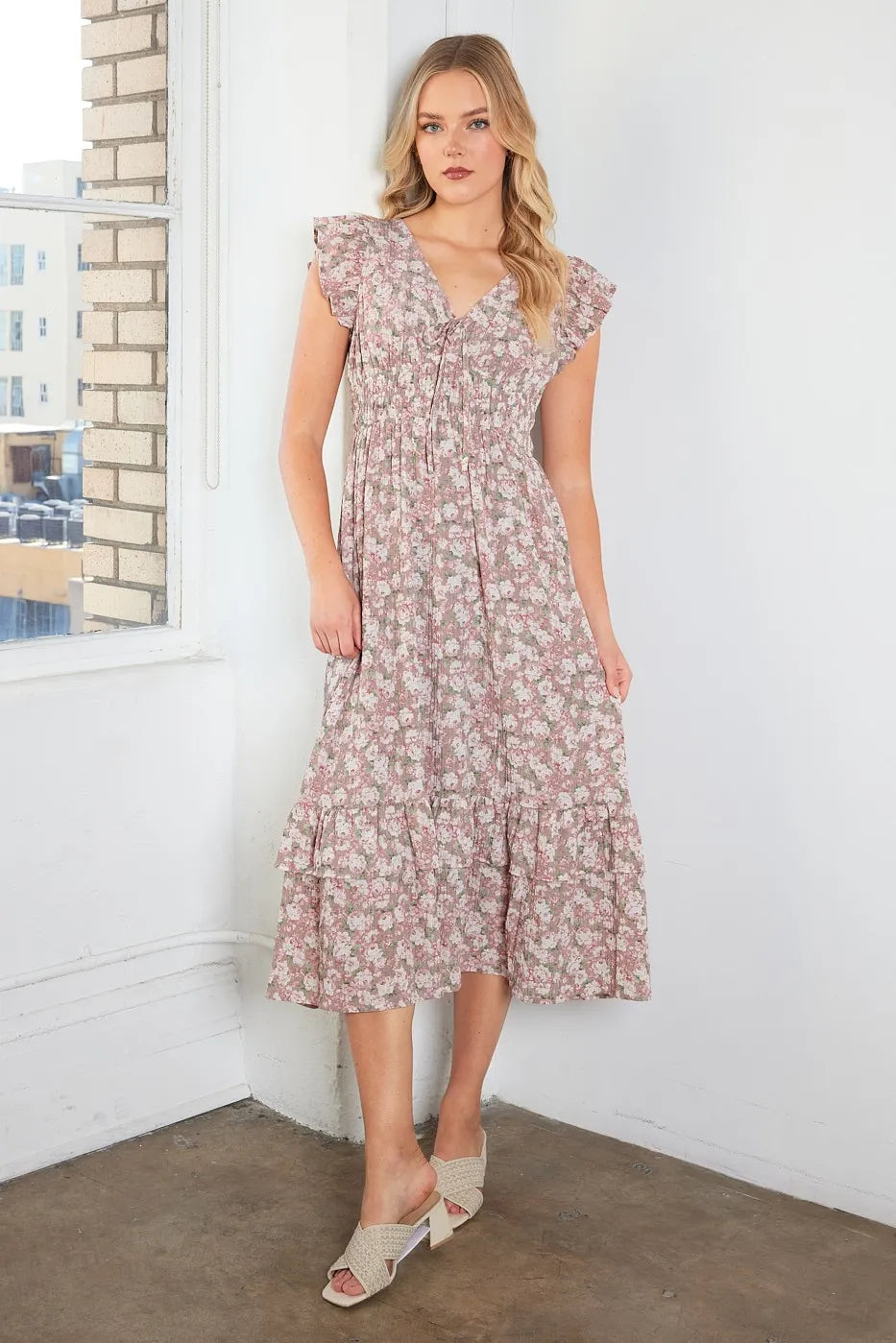 Mittoshop Flower Print Ruffle Cap Sleeve V-neck Midi Dress in Mauve