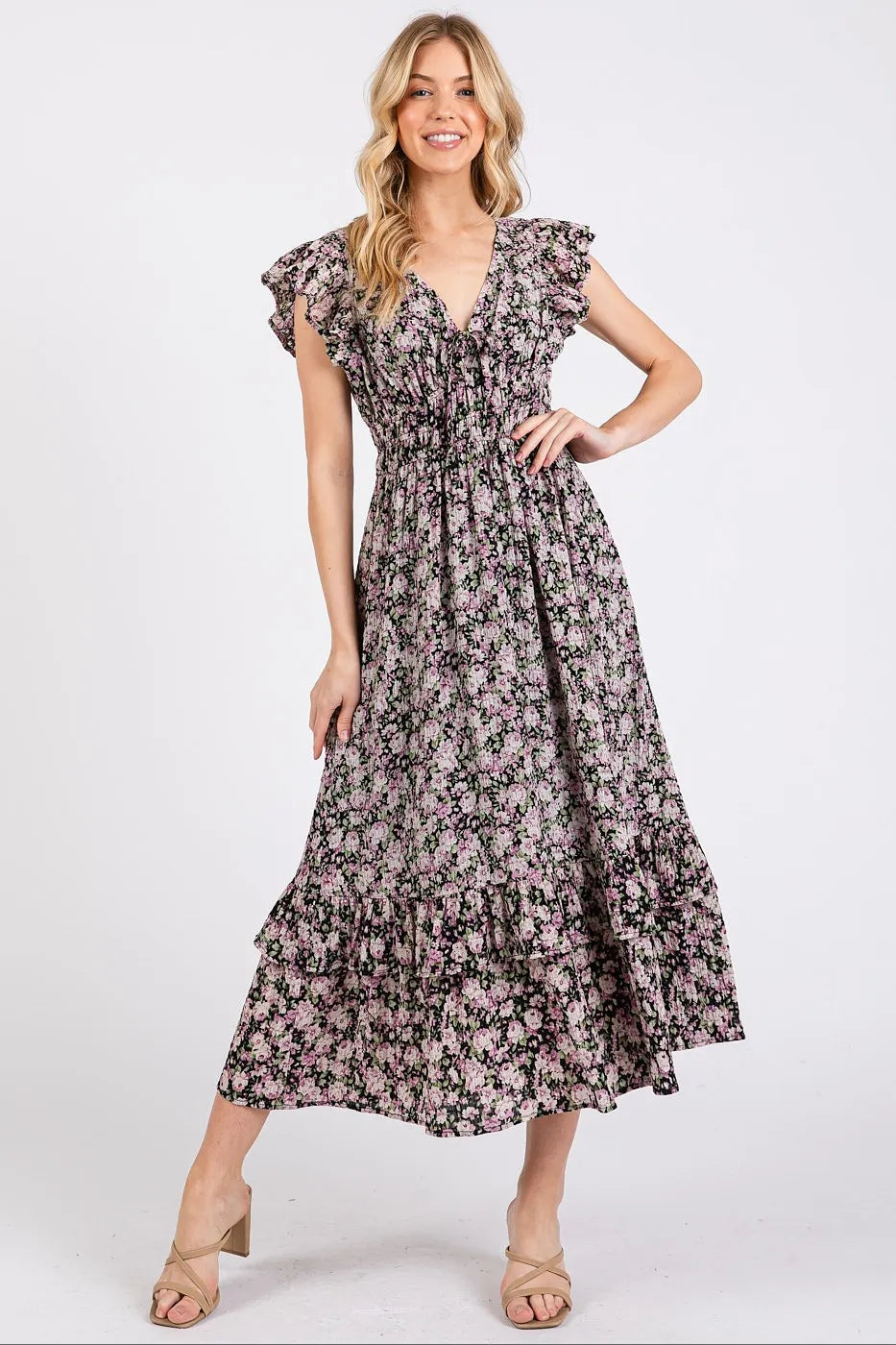 Mittoshop Flower Print Ruffle Cap Sleeve V-neck Midi Dress in Black