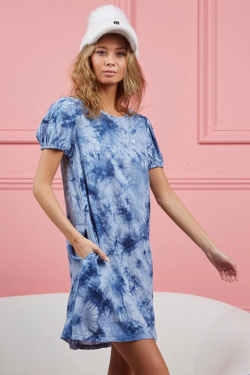 BiBi Puff Sleeve With Side Pockets Tie Dye Dress