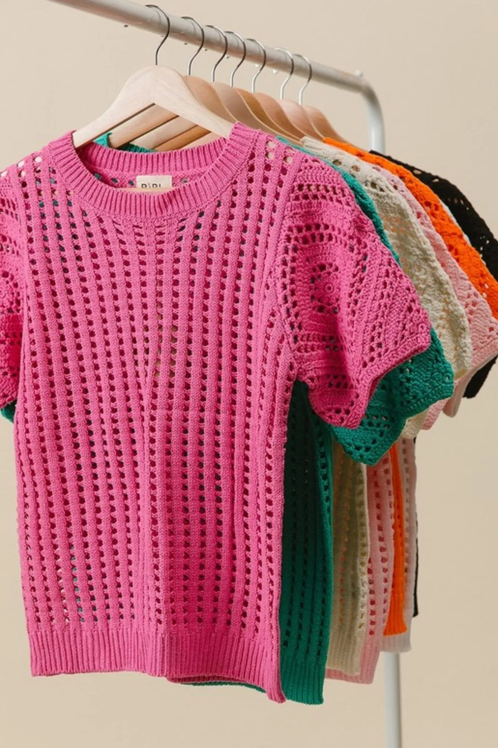 BiBi Crochet Lace Top With Puff Sleeves in Fuchsia