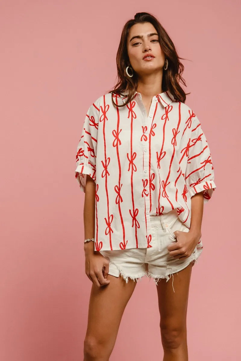 BiBi Bow Ribbon Woven Printed Button Down Shirt