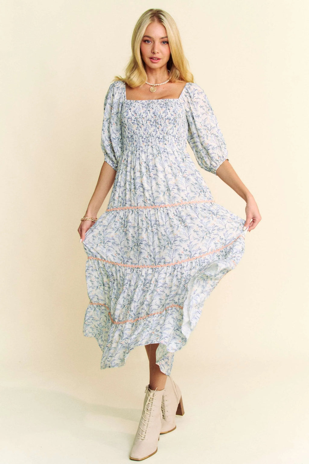 Davi & Dani Contrast Ric Smocking Bodice Tiered Midi Dress