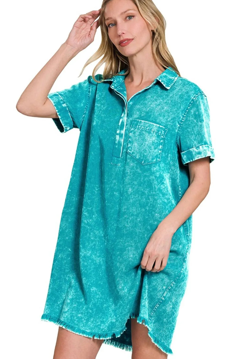 Zenana Tencel Mineral Washed Collared Shirts Dress in Teal