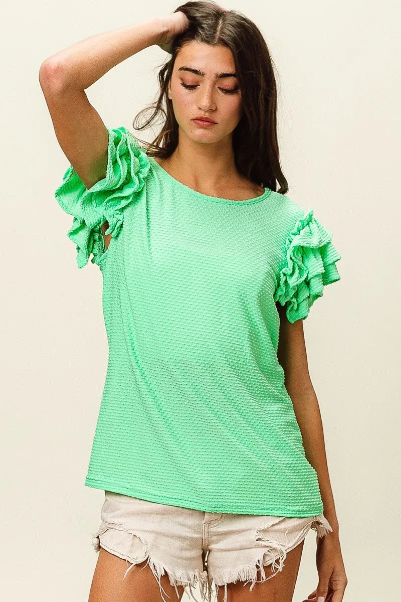 BiBi Birdseye Texture Layered Ruffle Top in Sage