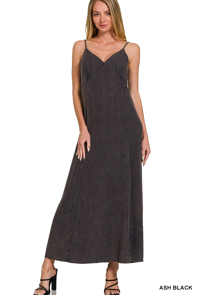 Zenana Mineral Washed Rayon Challis Cami Dress in Black