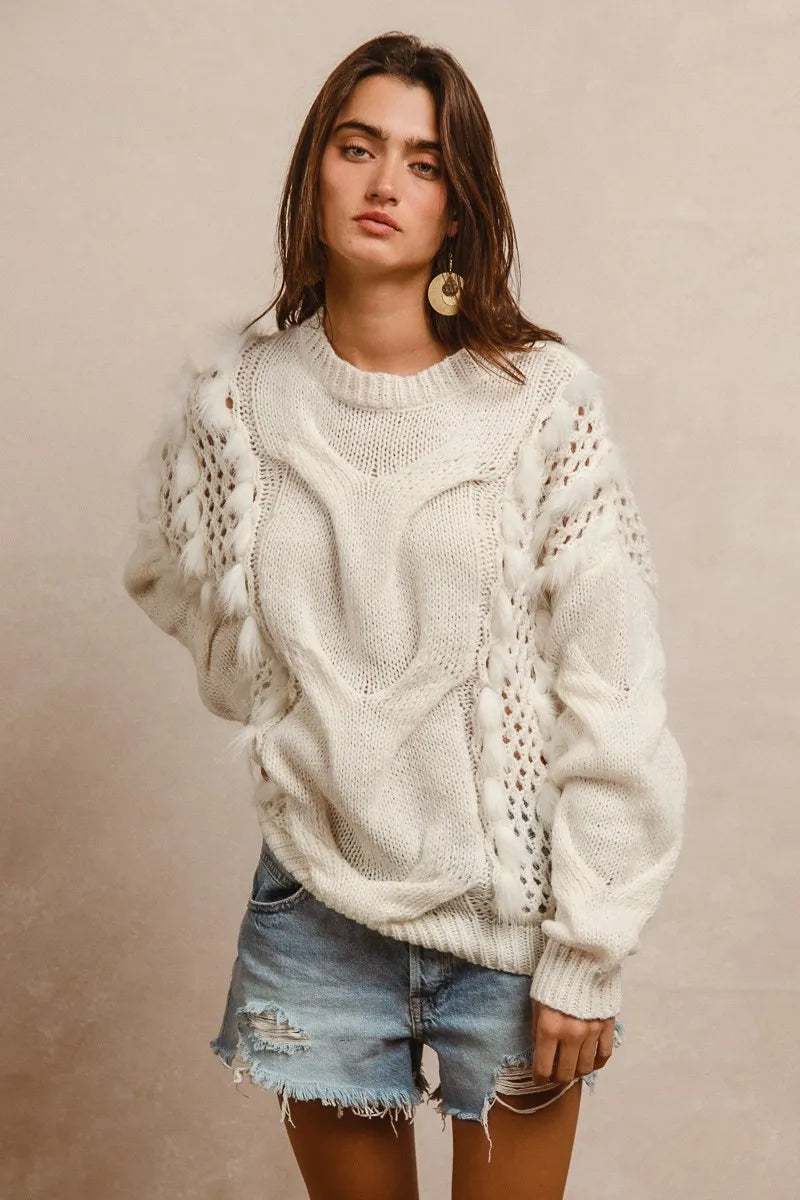 BiBi Faux Fur Detailed Pointelle Cable Knit Sweater