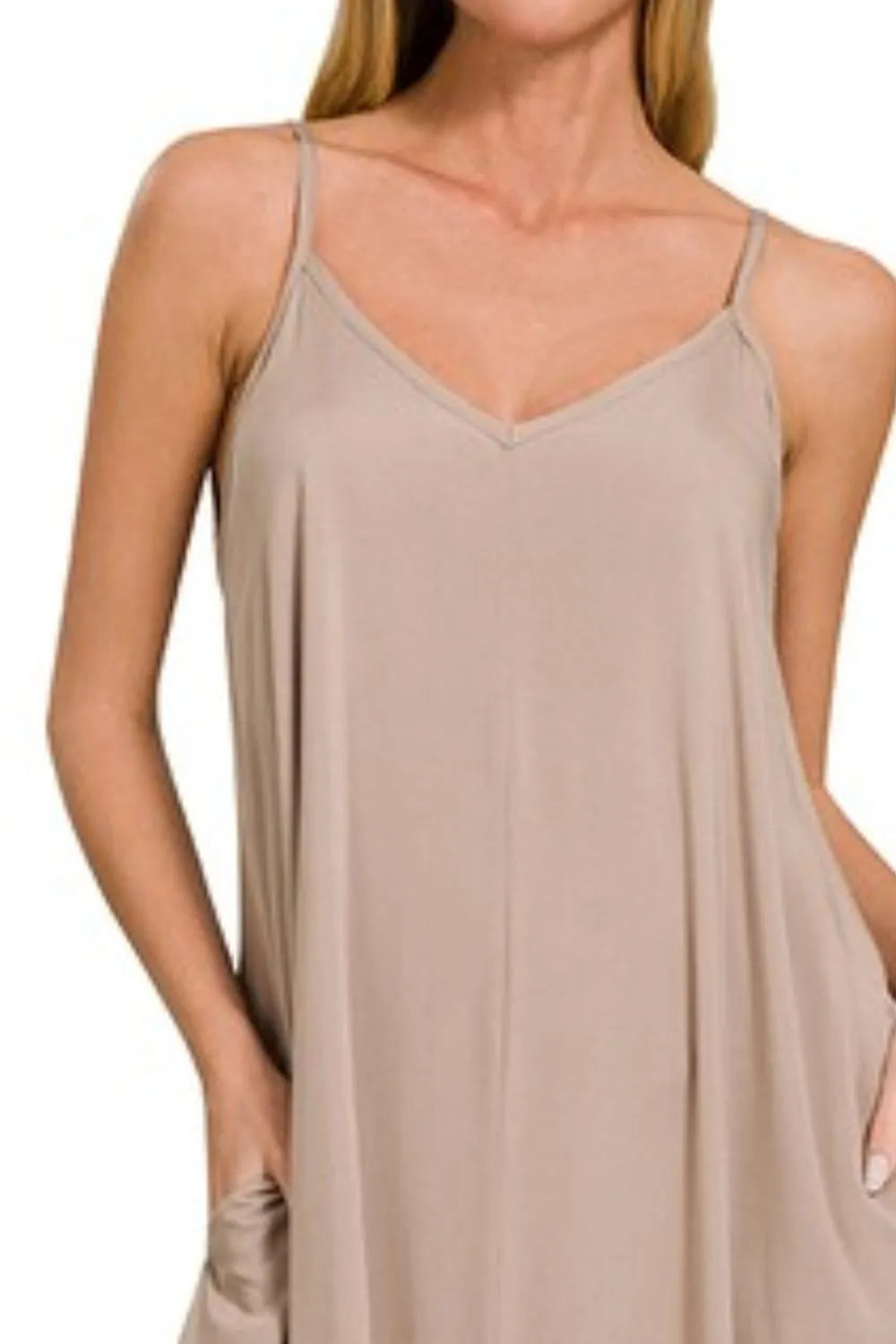Zenana Woven Arc Hem Cami Dress With Flowy Pockets in Mocha