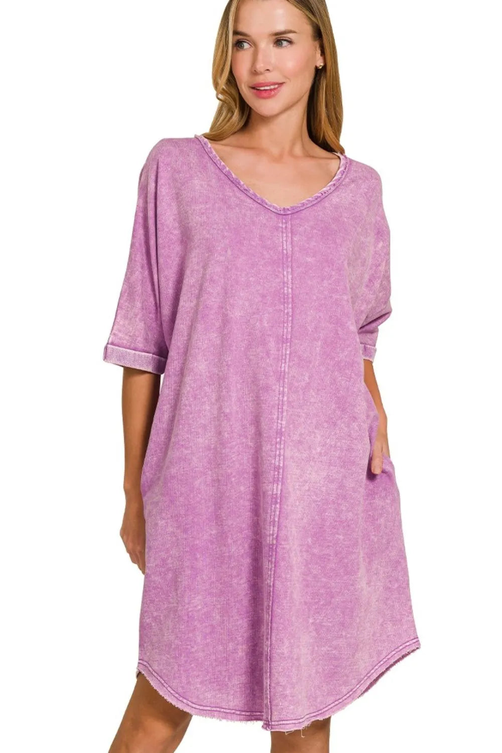Zenana Acid-washed French Terry Tee Shirts Dress in Violet