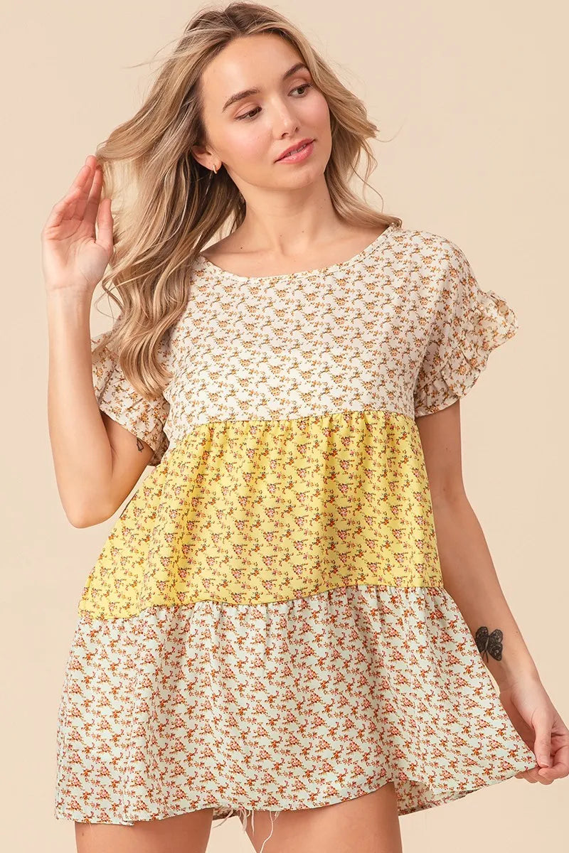 BiBi Flroal Printed Woven Color Block and Tiered Top in Yellow