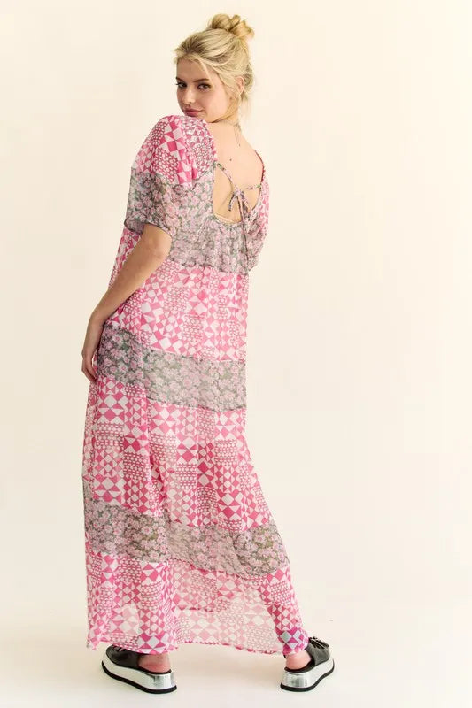 Davi & Dani Multi Floral Square Neck Puff Sleeve Maxi Dress in Pink