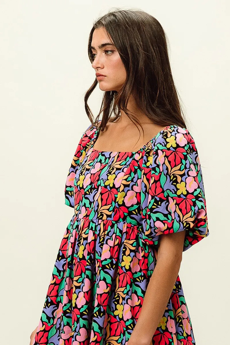 BiBi Floral Print Puff Square Neck Dress