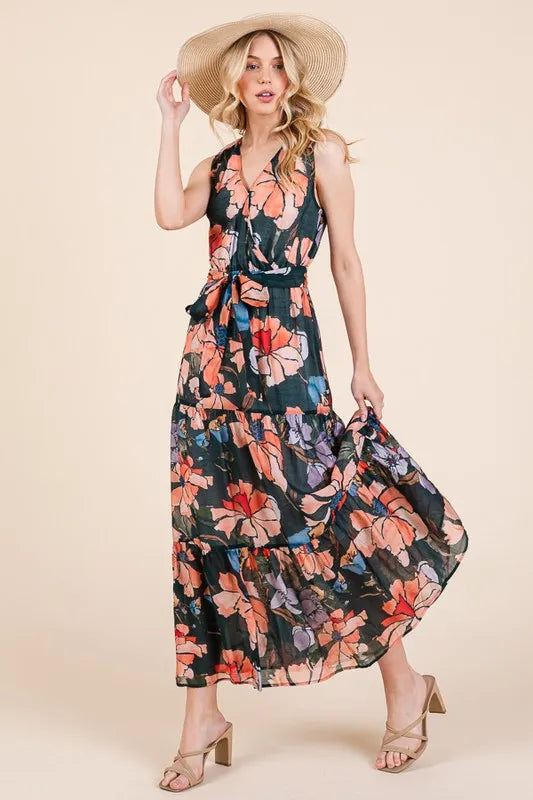 Lime 'N' Chili Floral Print Sleeveless Tie Waist Maxi Dress in Mutli