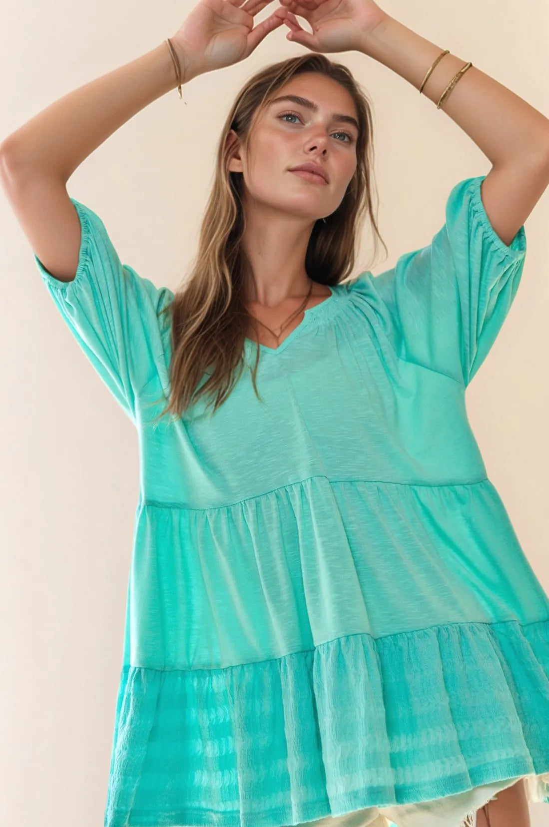 Davi & Dani Solid Ruffled Flared Short Sleeve V Neck Top