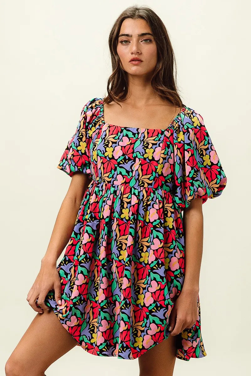 BiBi Floral Print Puff Square Neck Dress