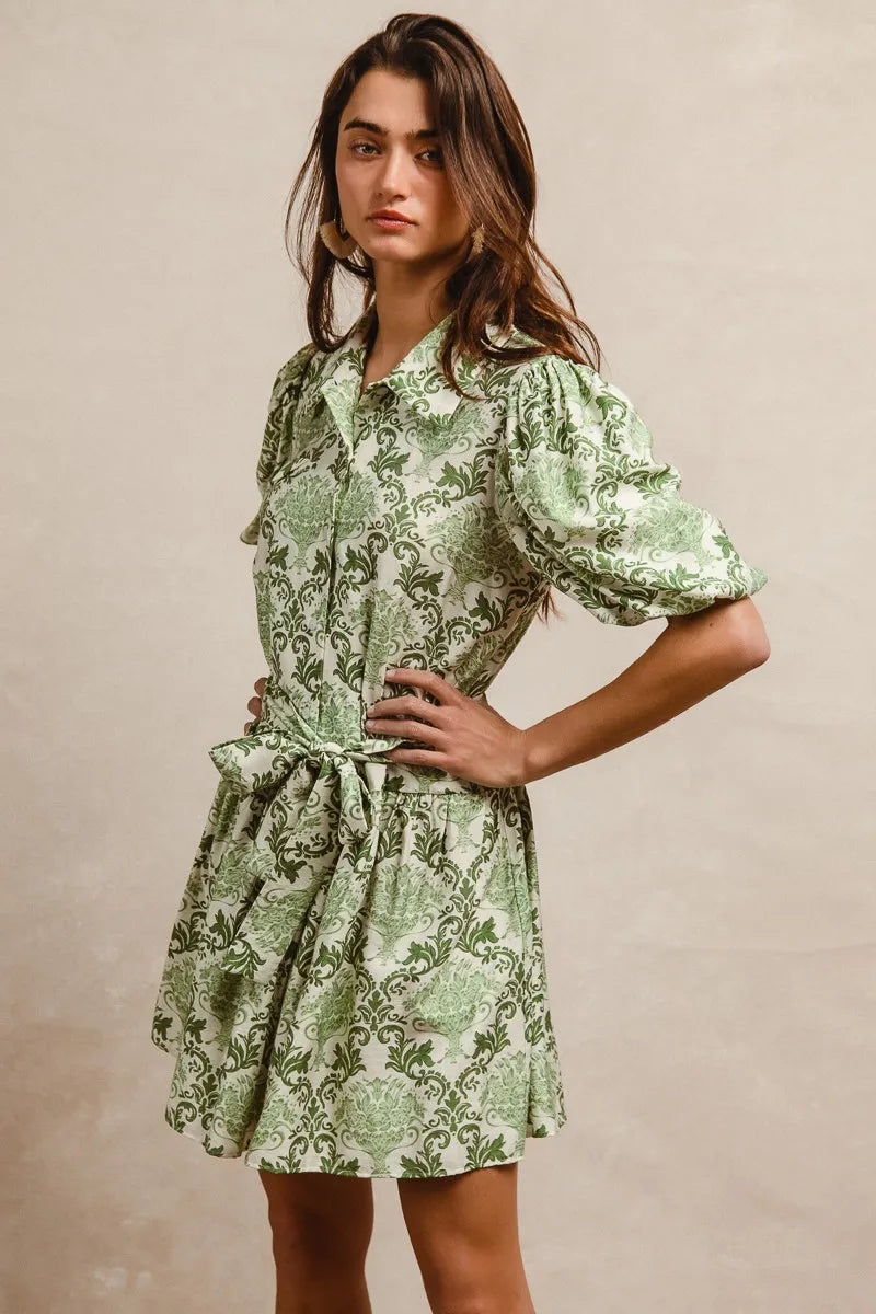 BiBi Tied Floral Short Sleeve Mini Shirt Dress