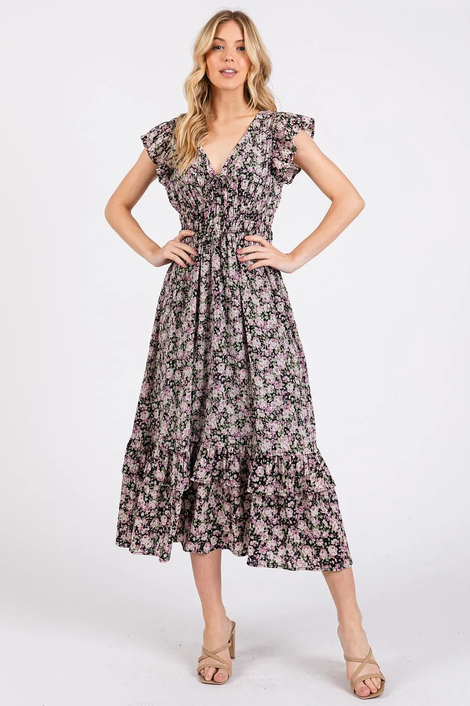 Mittoshop Flower Print Ruffle Cap Sleeve V-neck Midi Dress in Black