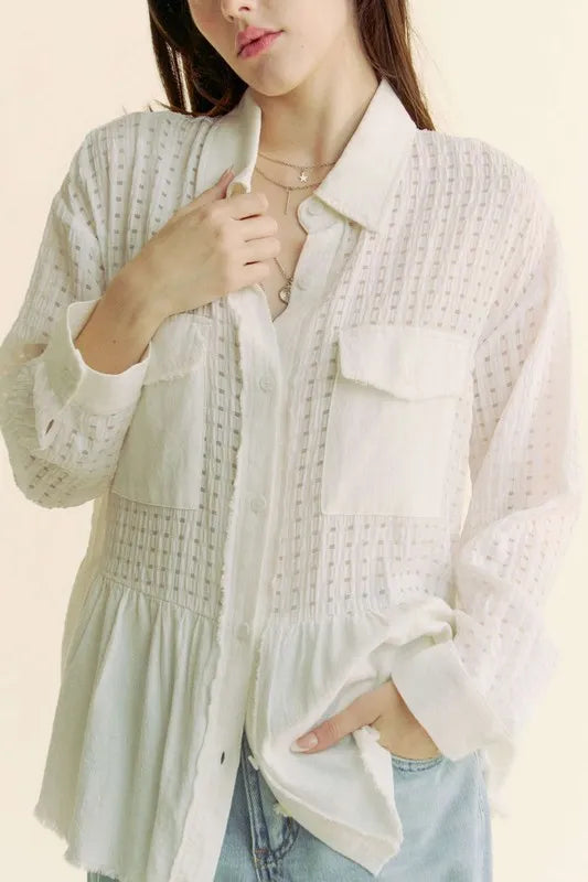 Davi & Dani Garment Washed Jacquard Button Front Shirt in White
