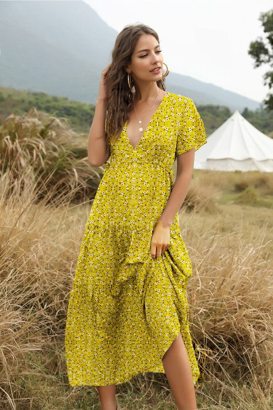 Miss Sparkling V-neck Floral Tiered Midi Dress