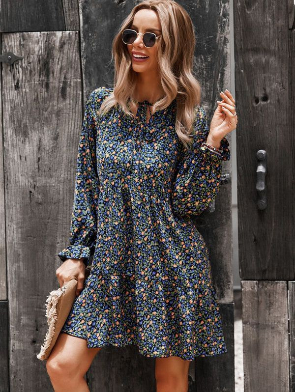Miss Sparkling Long Sleeve Floral Printed Dress