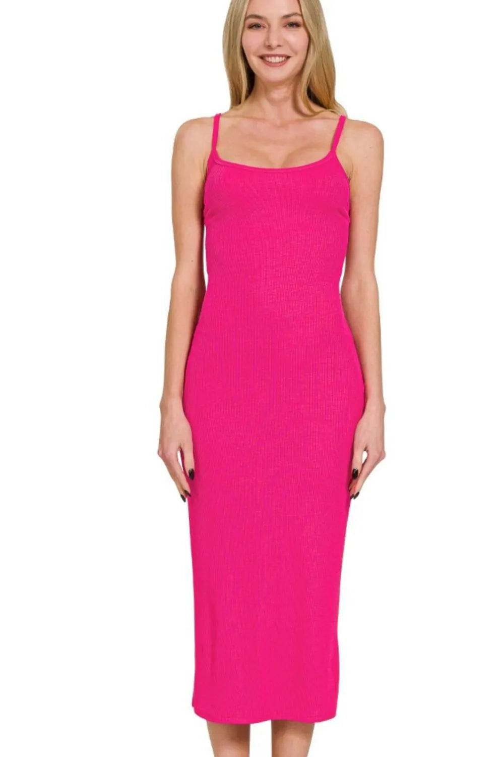 Zenana Ribbed Bodycon Midi Dress in Pink
