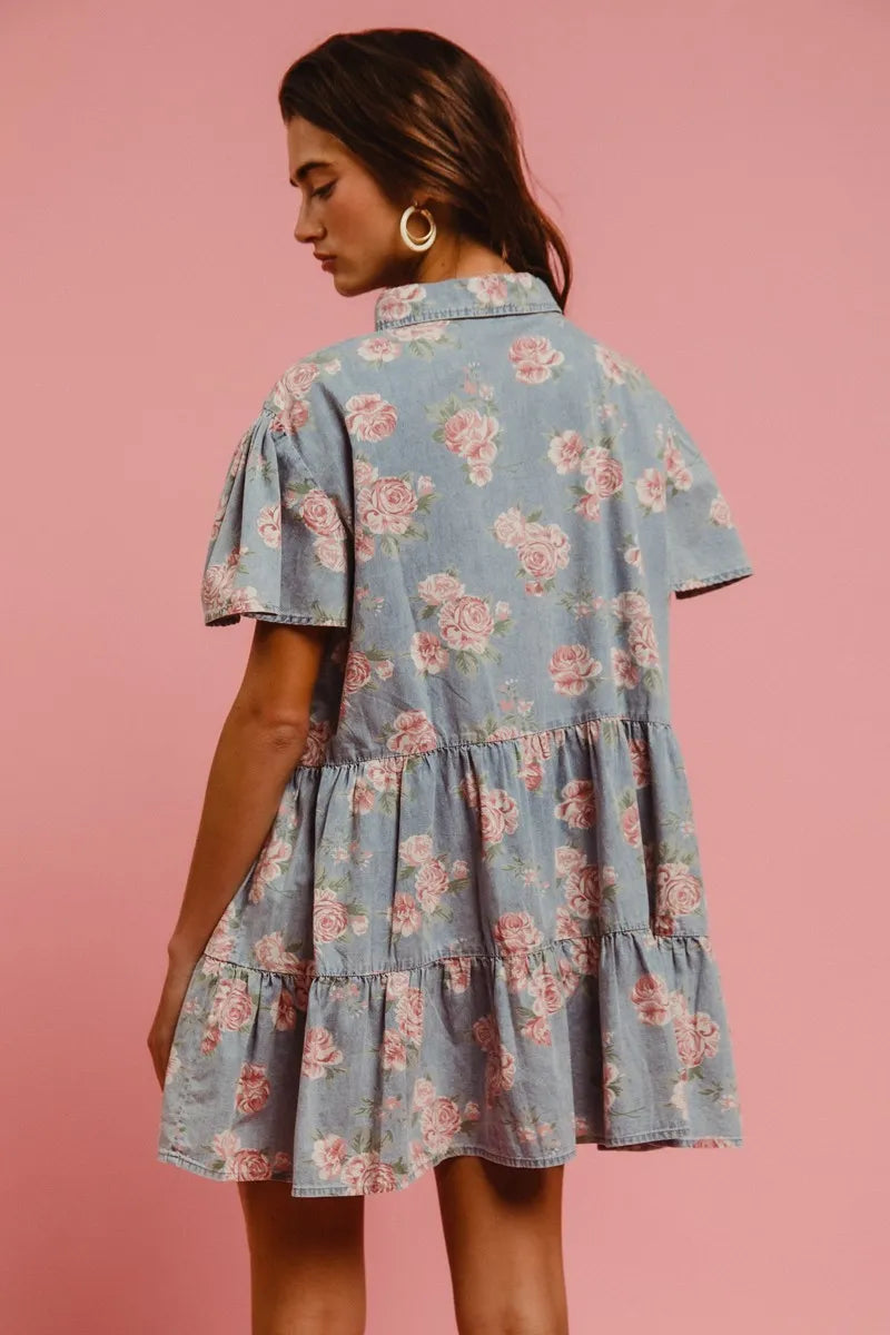 BiBi Floral Print Washed Lightweight Tiered Shirt Dress