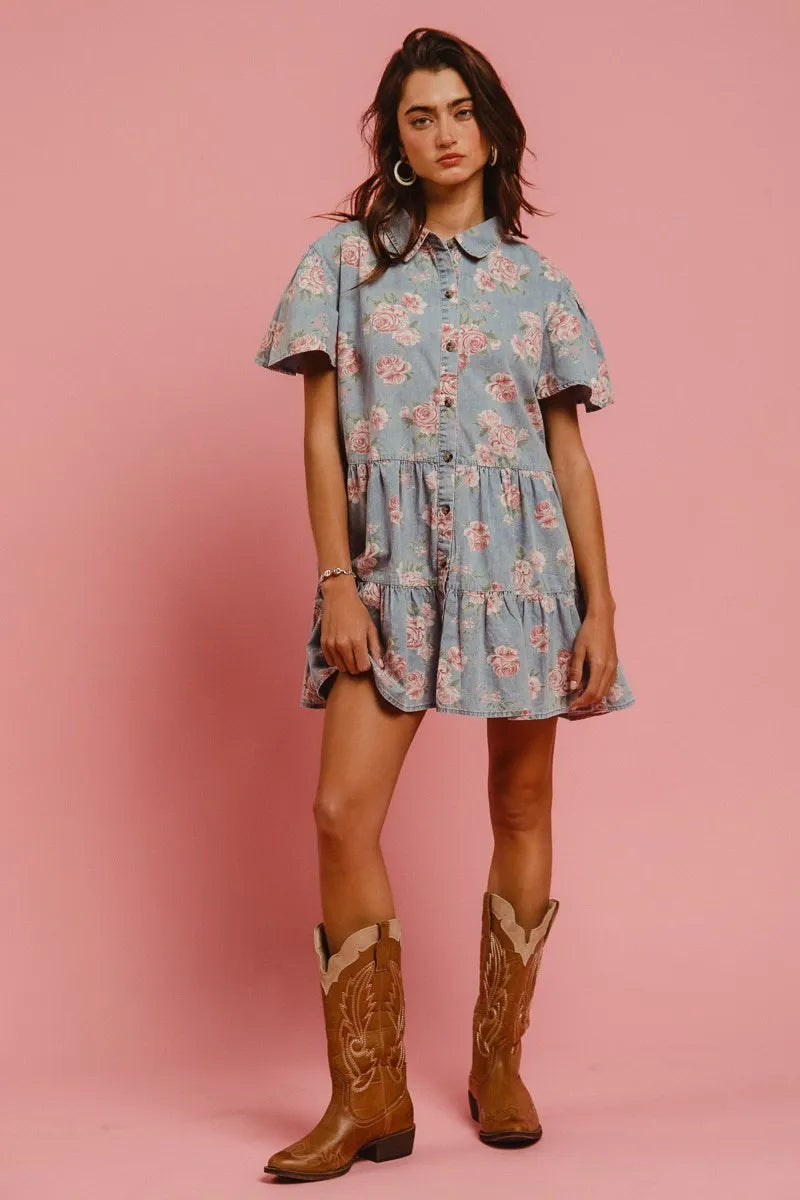 BiBi Floral Print Washed Lightweight Tiered Shirt Dress