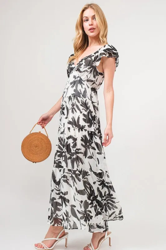 And The Why Ruffled Sleeve Tiered Floral Print Maxi Dress