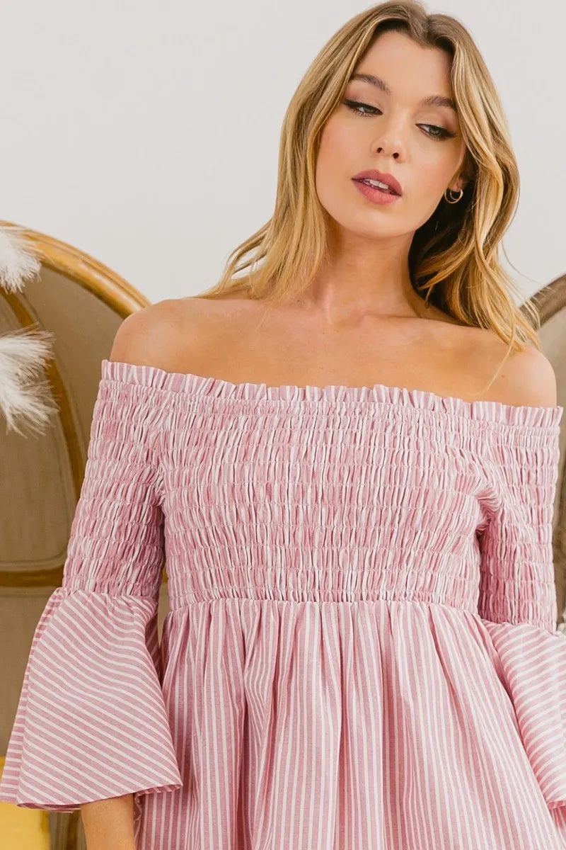 BiBi Smocked Off Shoulder Striped Dress