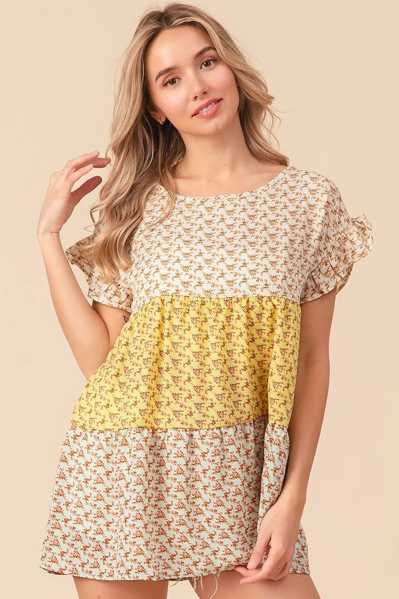BiBi Flroal Printed Woven Color Block and Tiered Top in Yellow