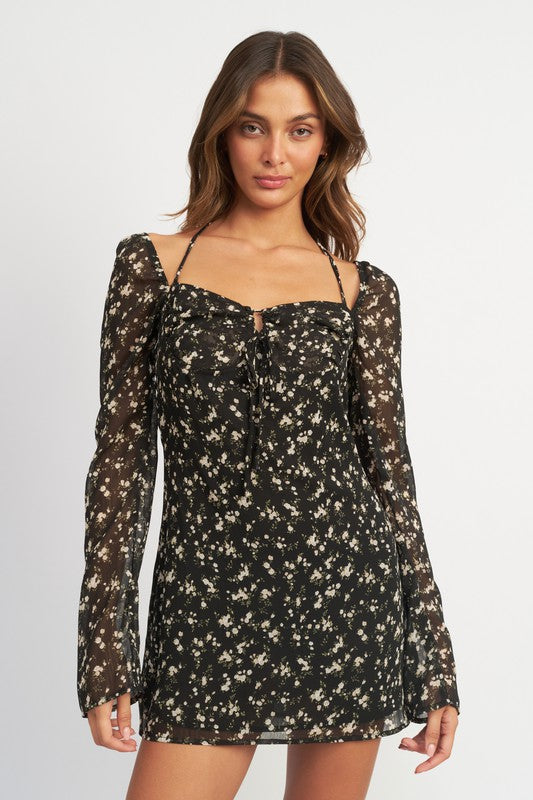Emory Park | Floral Long Sleeve Dress with Halter Detail