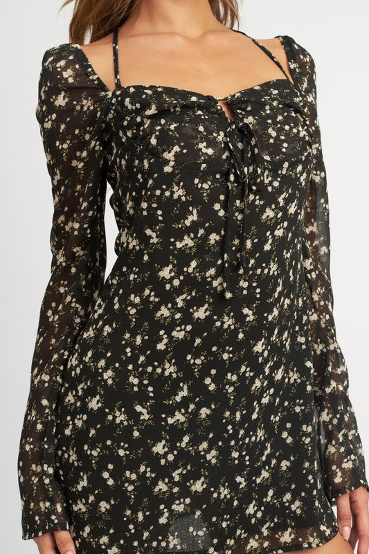 Emory Park | Floral Long Sleeve Dress with Halter Detail