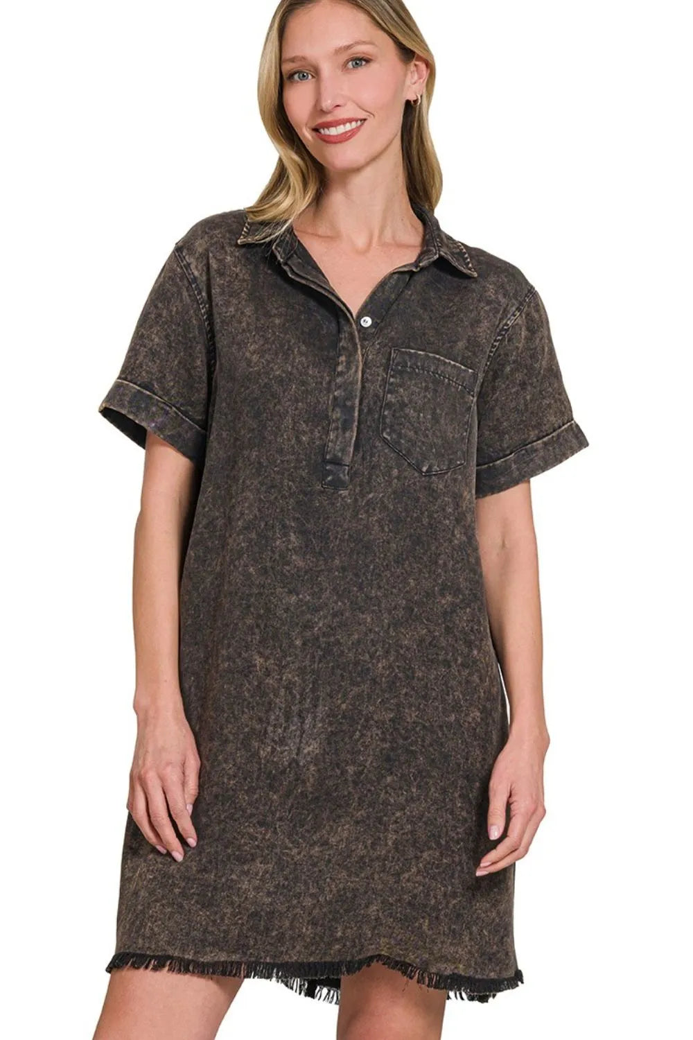 Zenana Tencel Mineral Washed Collared Shirts Dress