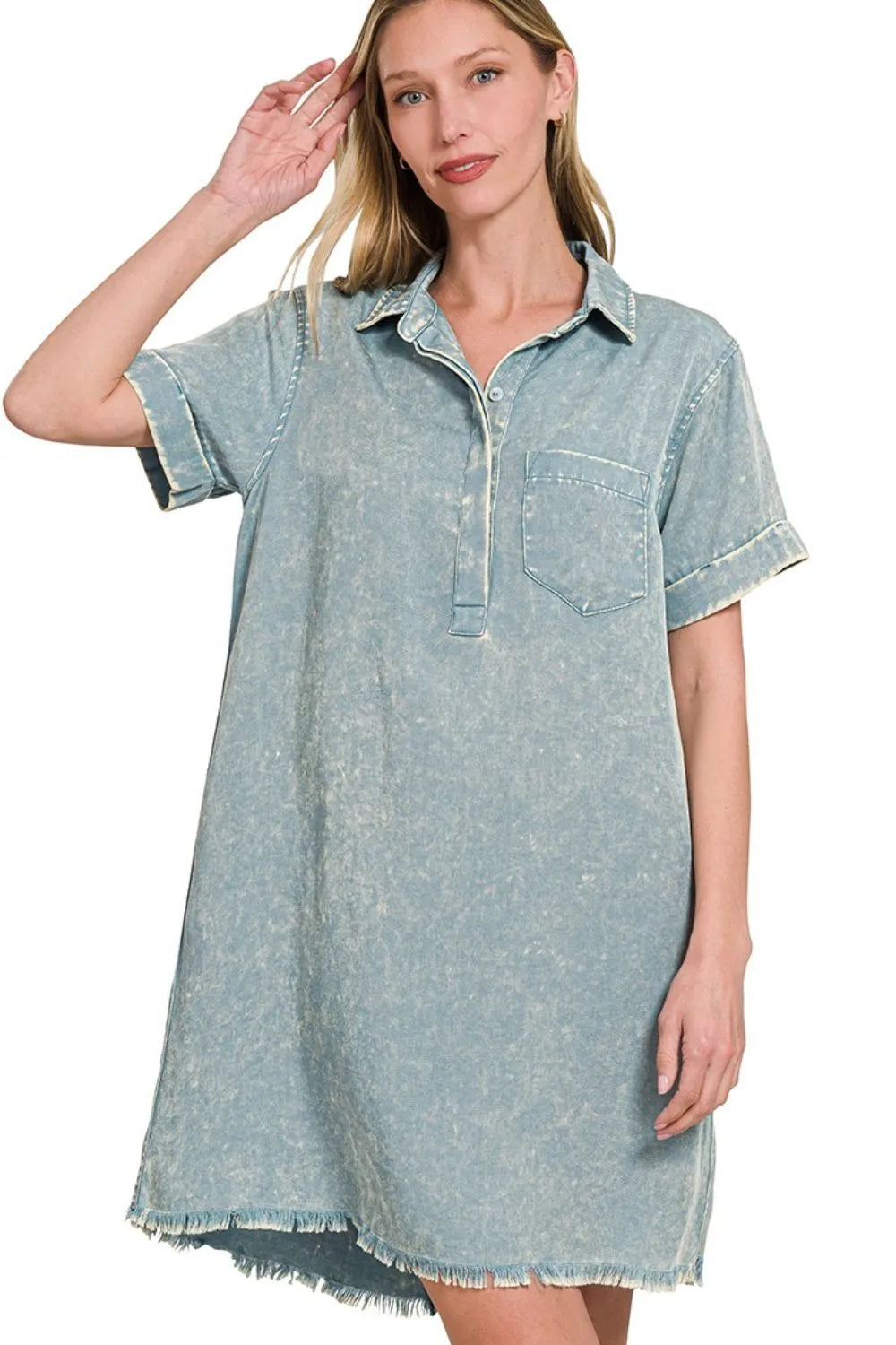 Zenana Tencel Mineral Washed Collared Shirts Dress in Blue Grey