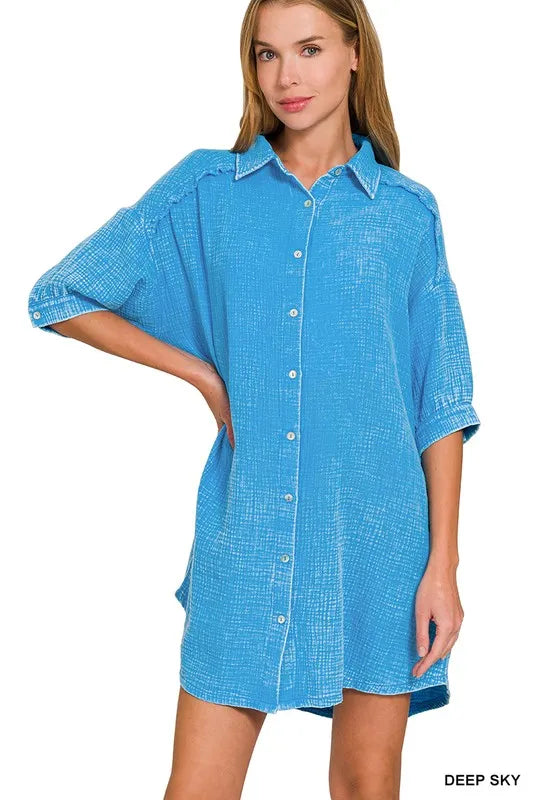 Zenana Washed Double Gauze Button Down Shirt Dress in Sky