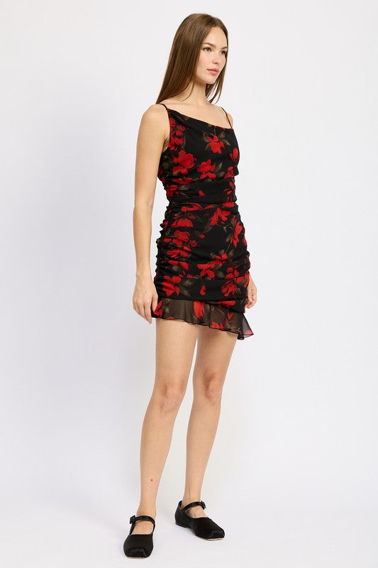 Emory Park | Ruched Asymmetrical Neck Dress with Ruffle Detail
