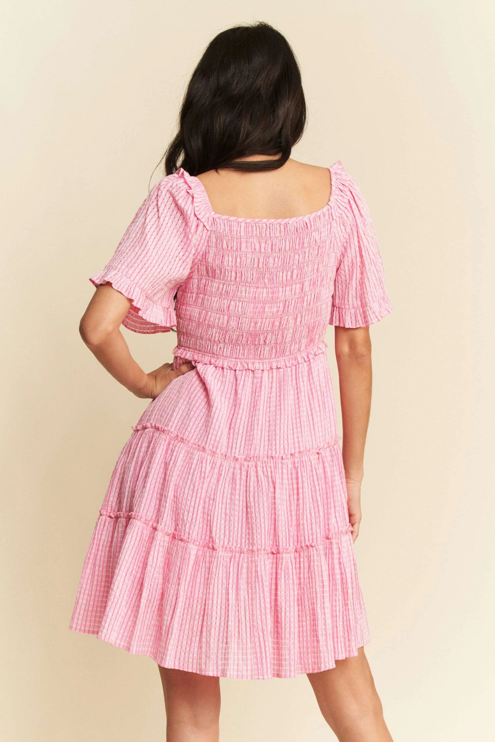 Davi & Dani Jacquard Checker Smocking Tiered Dress in Pink