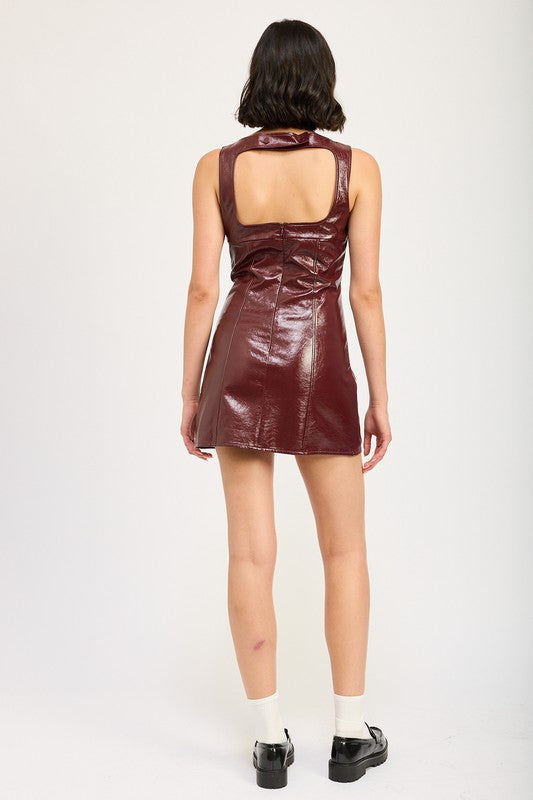 Emory Park | Squared Neck Faux Leather Mini Dress with Open Back