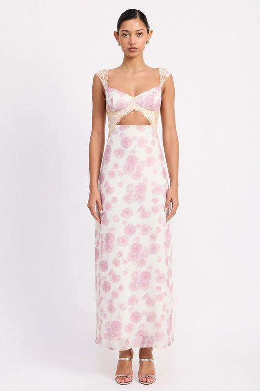 Emory Park | Floral Mesh Lace Trim Maxi Dress