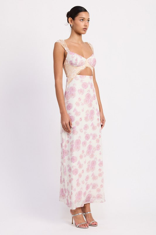Emory Park | Floral Mesh Lace Trim Maxi Dress