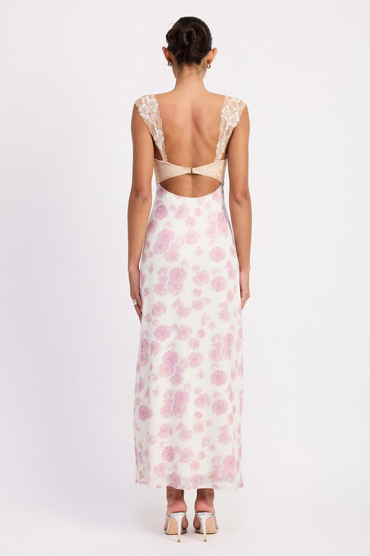 Emory Park | Floral Mesh Lace Trim Maxi Dress