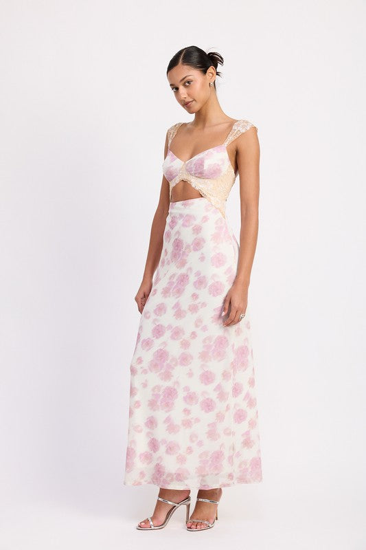 Emory Park | Floral Mesh Lace Trim Maxi Dress