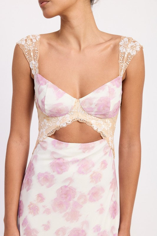 Emory Park | Floral Mesh Lace Trim Maxi Dress