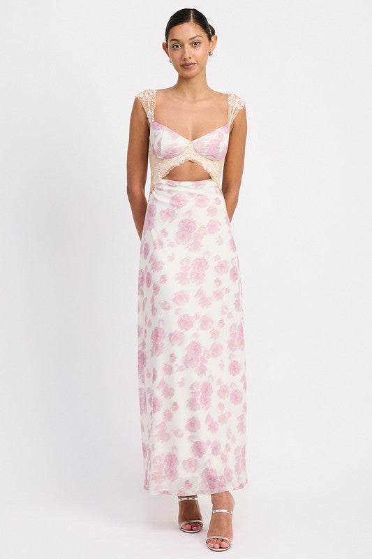 Emory Park | Floral Mesh Lace Trim Maxi Dress