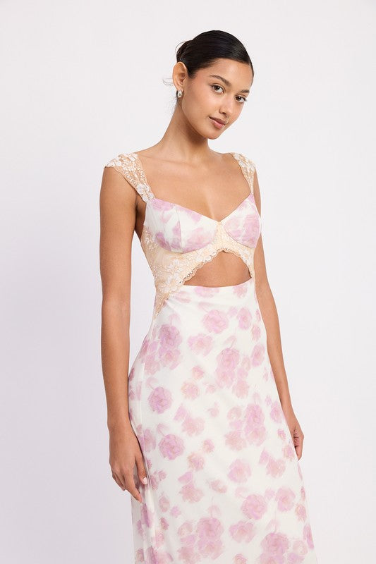 Emory Park | Floral Mesh Lace Trim Maxi Dress